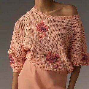 Pilcro Peach Off-the-Shoulder Open Knit Sweater with Floral Details